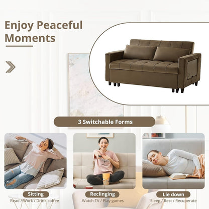 55 Inch Velvet Convertible Sofa, 3 in 1 Futon Couch with Pull-Out Bed/Adjustable Backrest Side Table/2 Lumbar Pillows