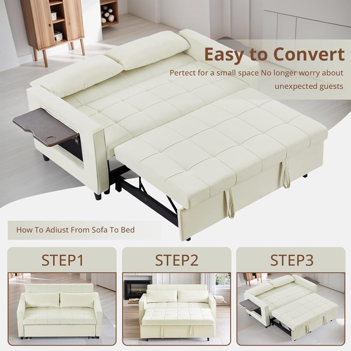 55 Inch Velvet Convertible Sofa, 3 in 1 Futon Couch with Pull-Out Bed/Adjustable Backrest Side Table/2 Lumbar Pillows