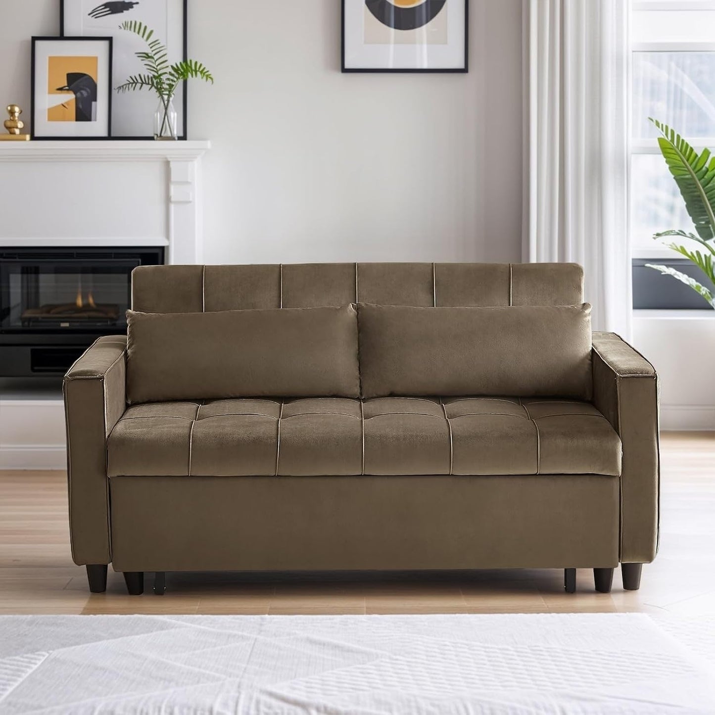 55 Inch Velvet Convertible Sofa, 3 in 1 Futon Couch with Pull-Out Bed/Adjustable Backrest Side Table/2 Lumbar Pillows