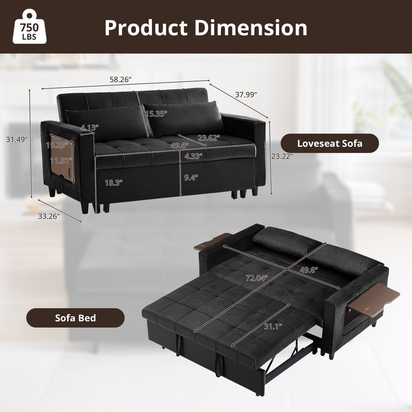 55 Inch Velvet Convertible Sofa, 3 in 1 Futon Couch with Pull-Out Bed/Adjustable Backrest Side Table/2 Lumbar Pillows