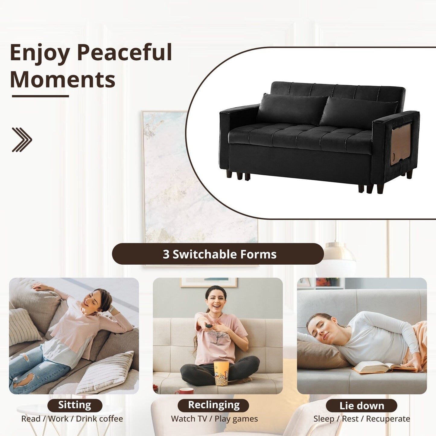 55 Inch Velvet Convertible Sofa, 3 in 1 Futon Couch with Pull-Out Bed/Adjustable Backrest Side Table/2 Lumbar Pillows