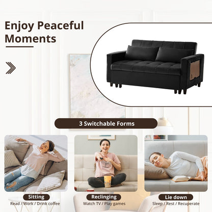 55 Inch Velvet Convertible Sofa, 3 in 1 Futon Couch with Pull-Out Bed/Adjustable Backrest Side Table/2 Lumbar Pillows