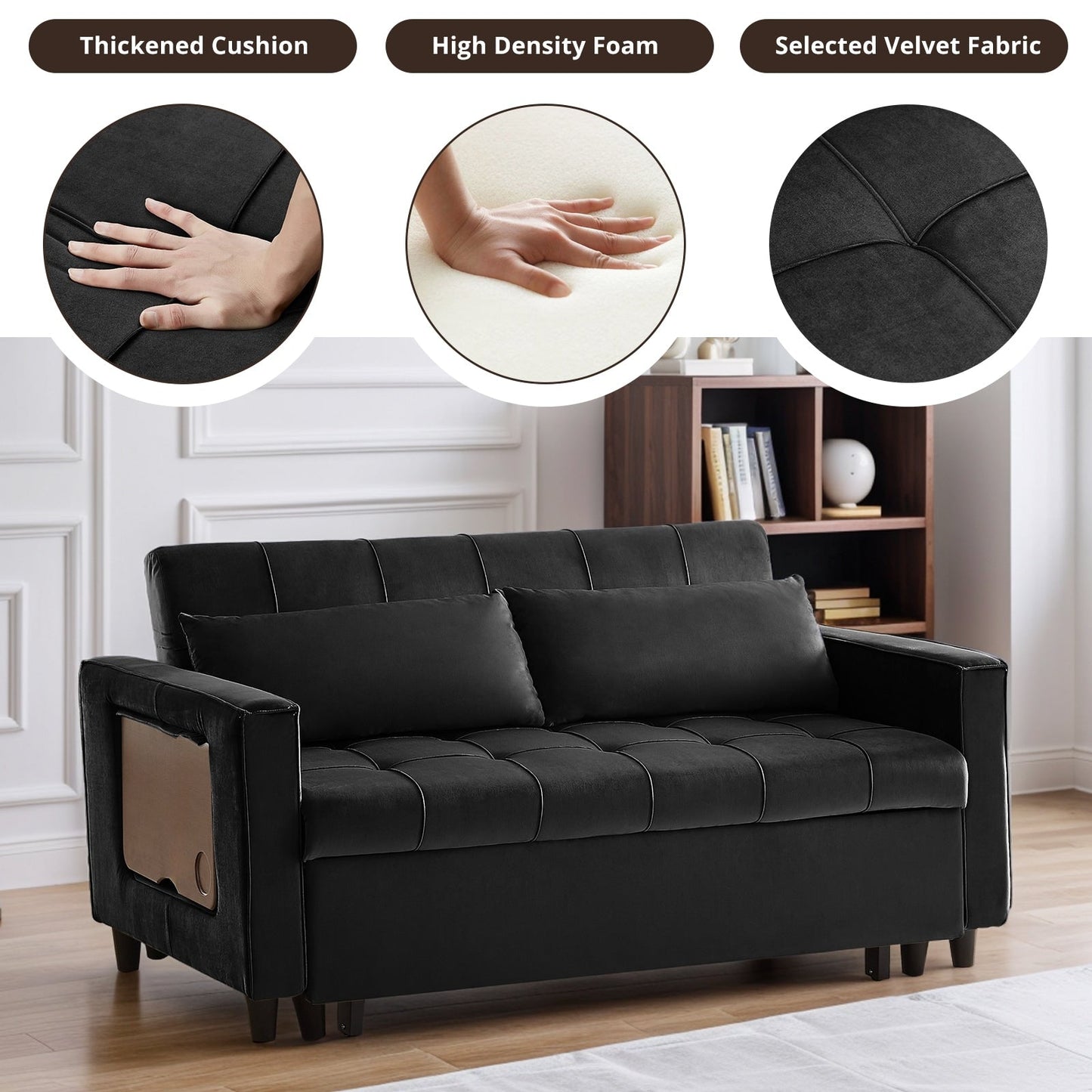 55 Inch Velvet Convertible Sofa, 3 in 1 Futon Couch with Pull-Out Bed/Adjustable Backrest Side Table/2 Lumbar Pillows