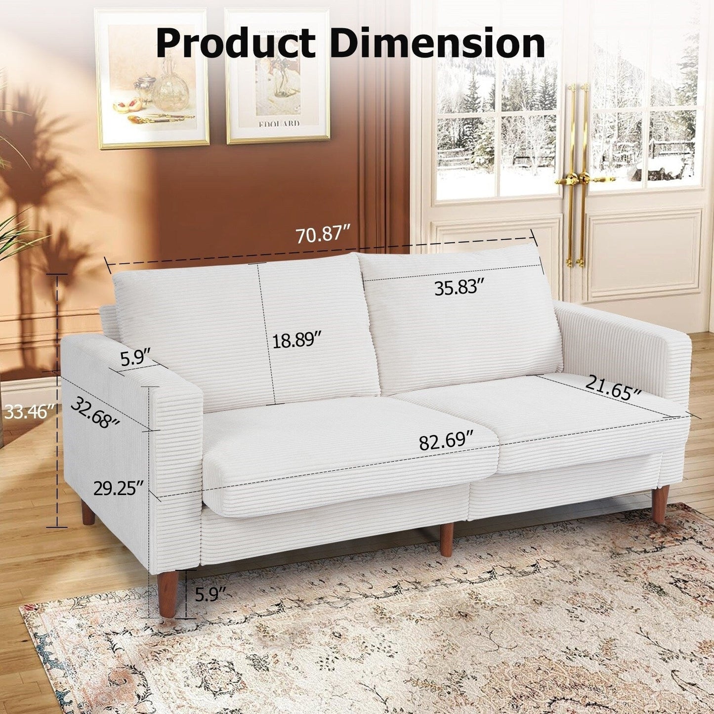 74 Sofas for Living Room, Corduroy Love Seat Couches, Small Couch with 2 Pillow ,, Easy Assembly Sofa for Small Spaces