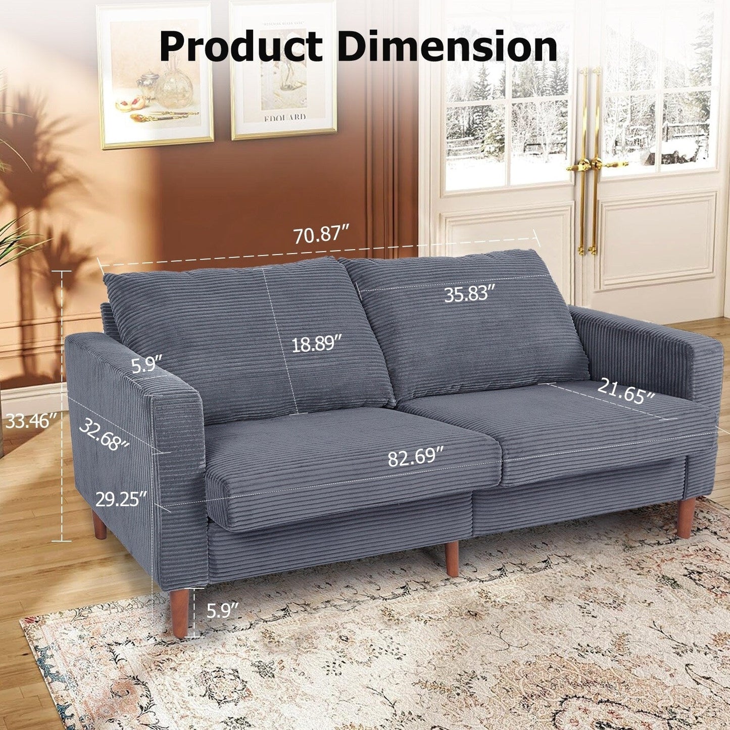 74 Sofas for Living Room, Corduroy Love Seat Couches, Small Couch with 2 Pillow ,, Easy Assembly Sofa for Small Spaces