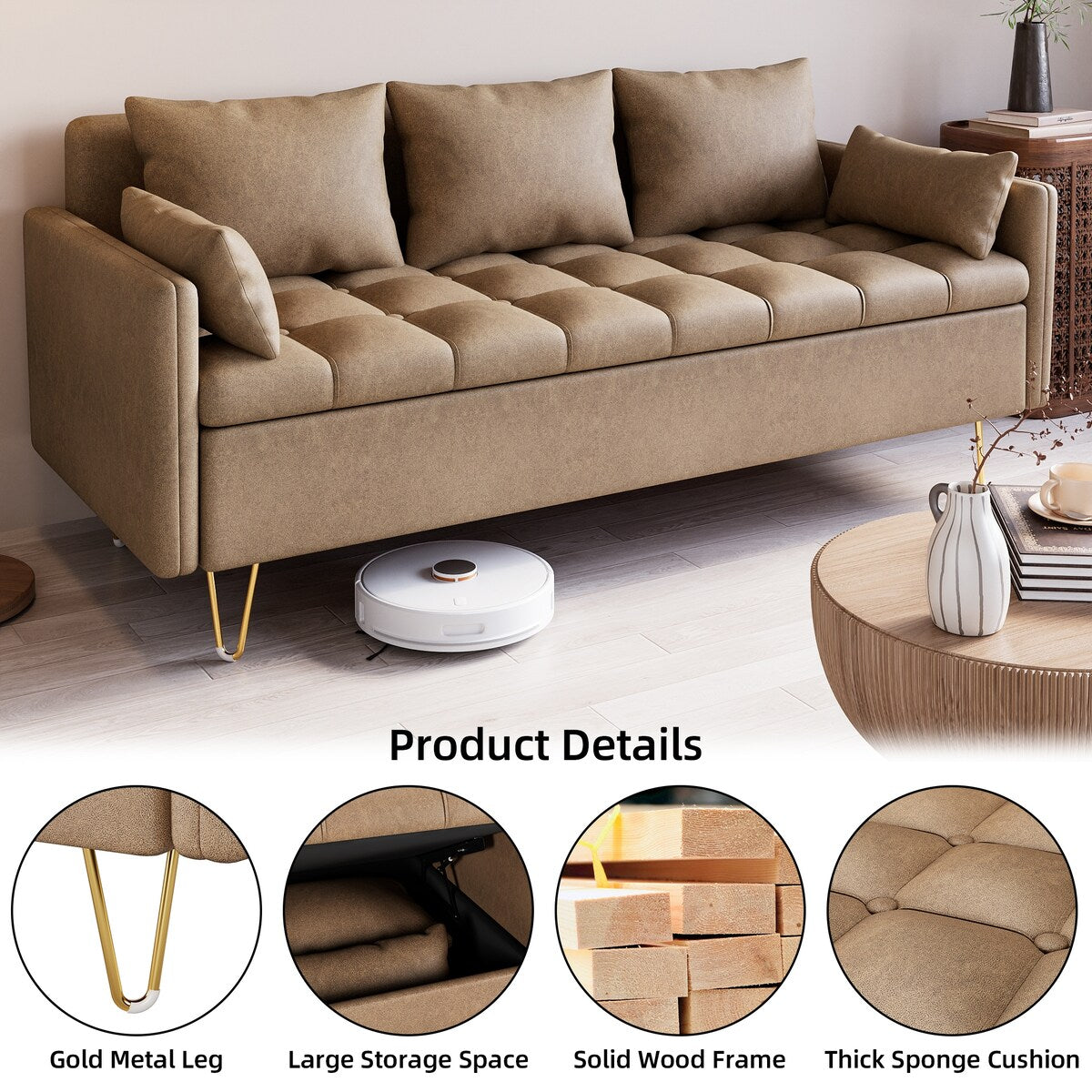 GIMMYFIVE 3-Seater Leather Sofa with Cushion, Couch for Living Room