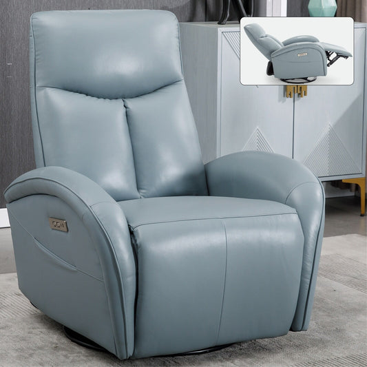 Genuine Leather Swivel Rocker Power Recliner Chair Heavy Duty Motion Mechanism Glider with Lumbar Support, USB and Type-C