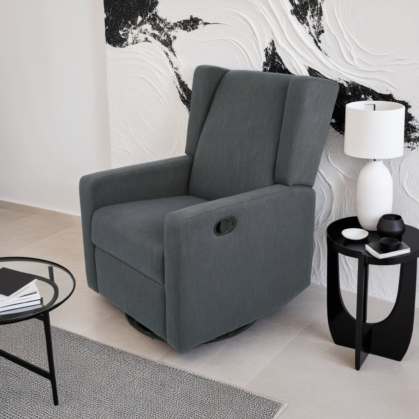 Glider Recliner Chair with Swivel, Birch Wood and Charcoal Gray Fabric