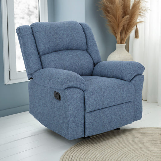 Glider Recliner Chair, Pillow Top Arms, Compact Profile, Blue Fabric