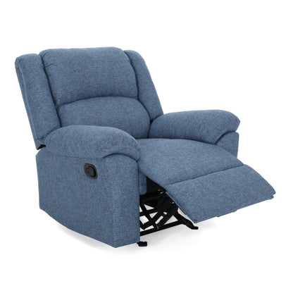 Glider Recliner Chair, Pillow Top Arms, Compact Profile, Blue Fabric