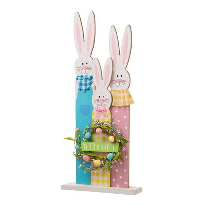 Glitzhome 30H Easter Wooden Bunny Family Standing Porch Sign Decor with Wreath