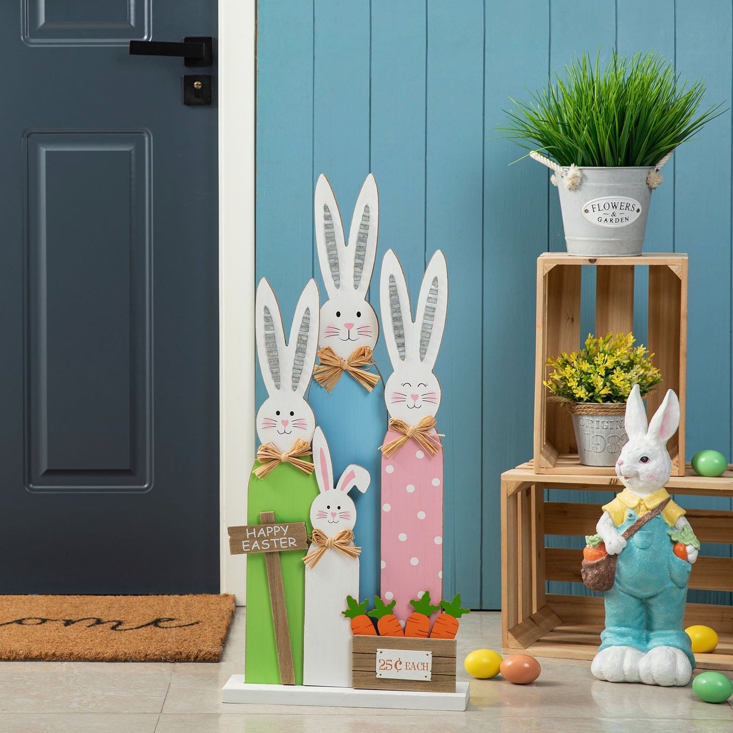 Glitzhome 30H Easter Wooden Bunny Family Standing Porch Sign Decor with Wreath