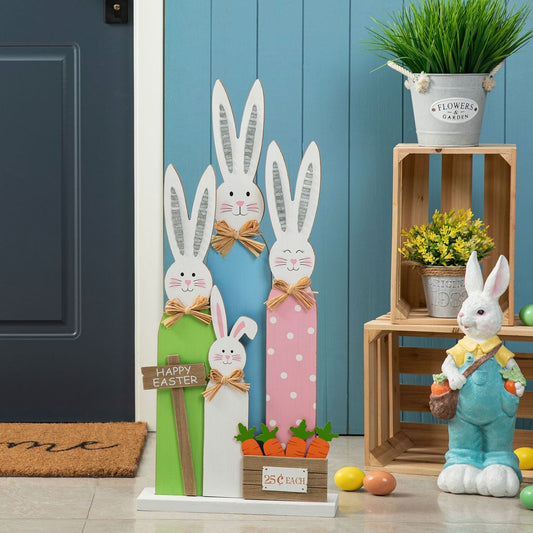 Glitzhome 30H Easter Wooden Bunny Family Standing Porch Sign Decor with Wreath