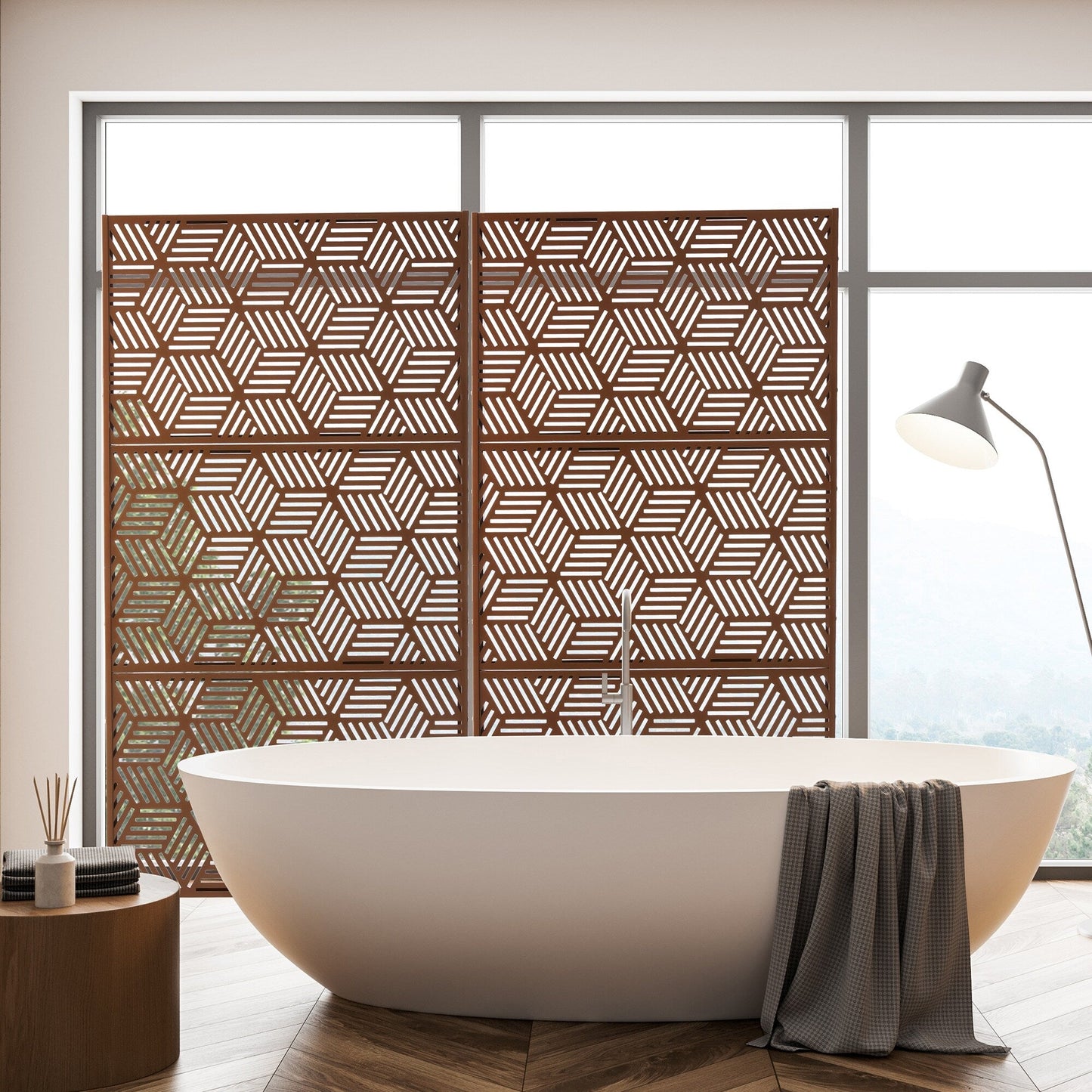 Glitzhome 6ft Galvanized Floral Patterned 3-Panel Privacy Screen Room Divider Fences
