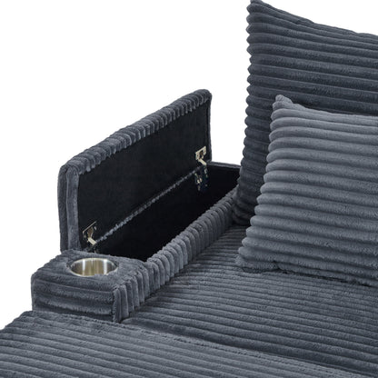 Gray 42.52 Corduroy Single Deep Seat Sofa with Removable Ottoman, Storage Armrest, 2 Toss Pillows