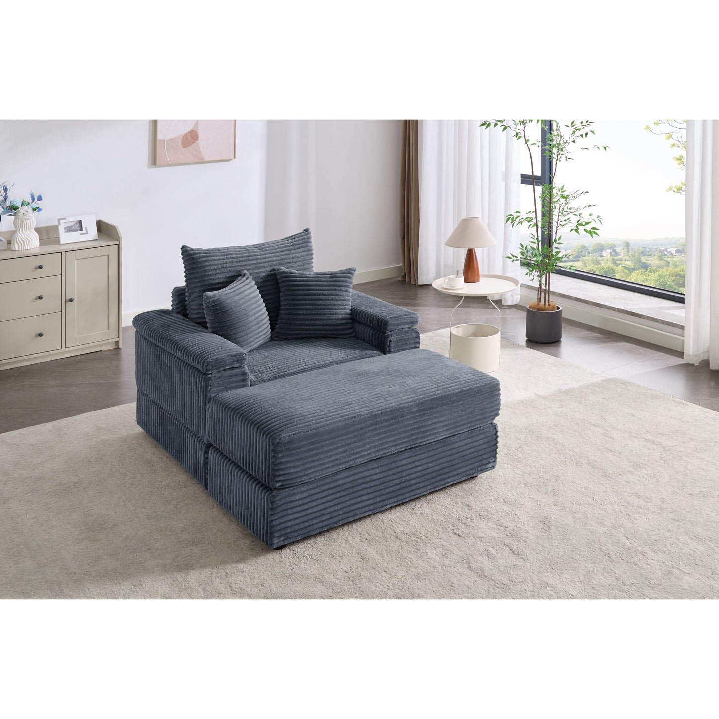 Gray 42.52 Corduroy Single Deep Seat Sofa with Removable Ottoman, Storage Armrest, 2 Toss Pillows