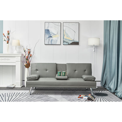 Gray 67 Faux Leather Folding Loveseat Sofa Bed with Silver Metal Legs and Cup Holder for Living Room
