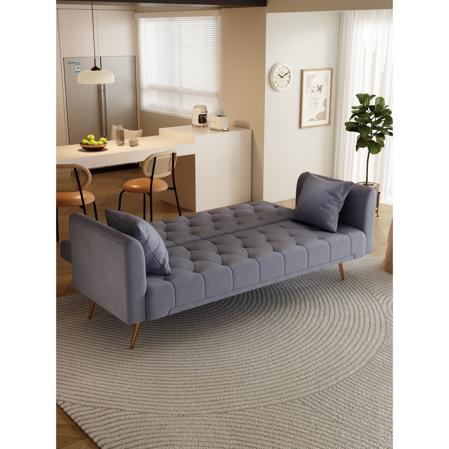 Gray 71 Velvet Convertible 3-seater Sofa Bed with Two Throw Pillows and Metal Legs for Living Room