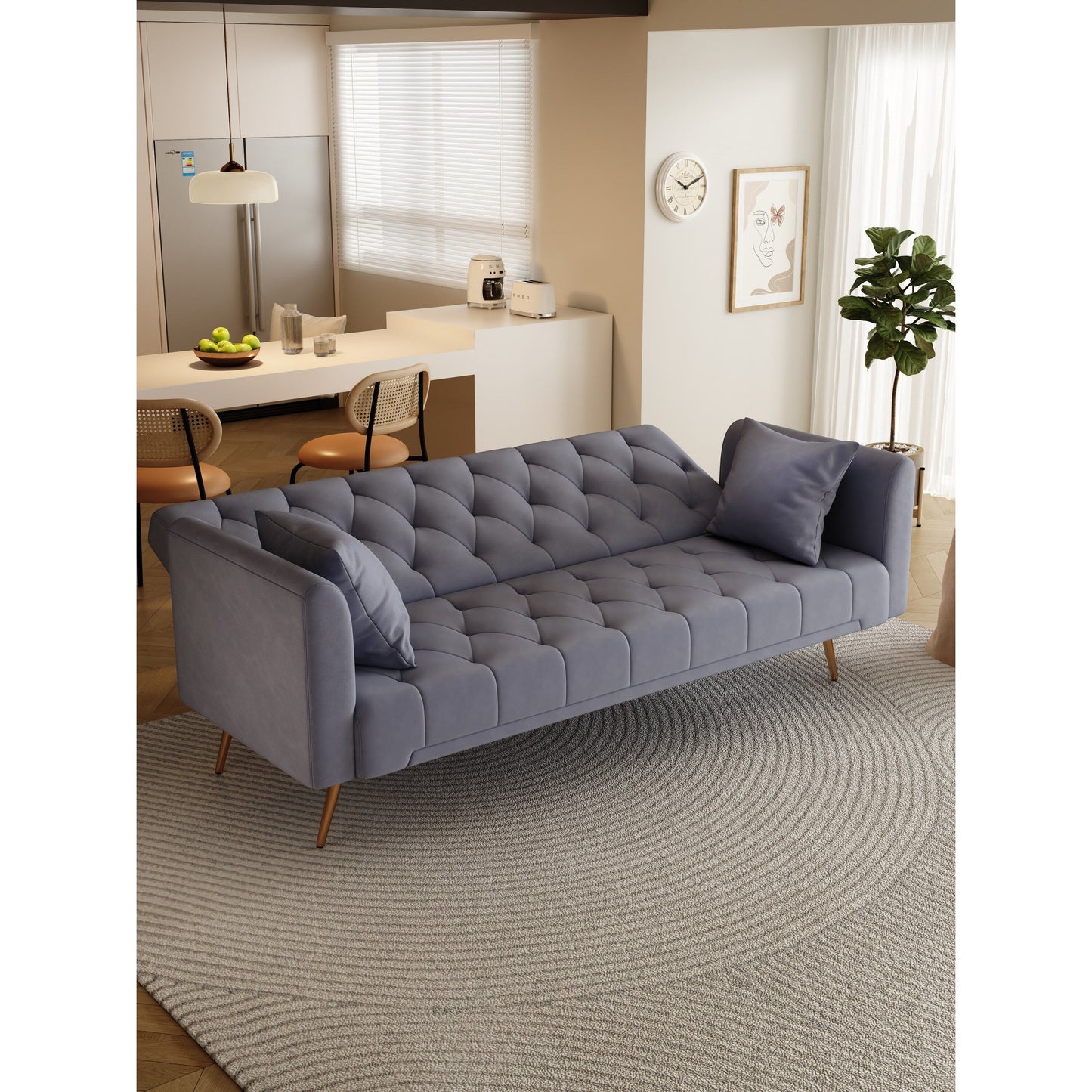 Gray 71 Velvet Convertible 3-seater Sofa Bed with Two Throw Pillows and Metal Legs for Living Room