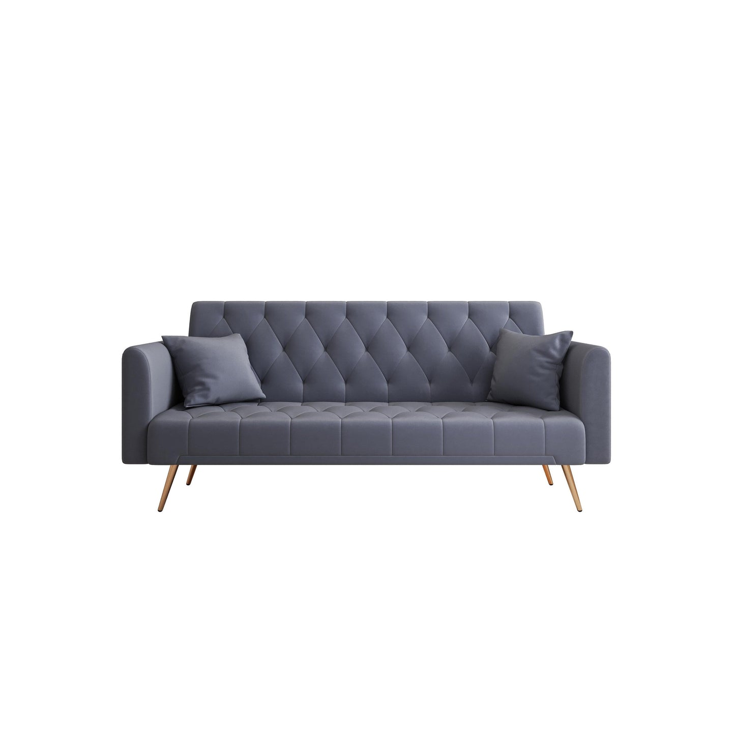 Gray 71 Velvet Convertible 3-seater Sofa Bed with Two Throw Pillows and Metal Legs for Living Room