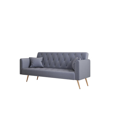 Gray 71 Velvet Convertible 3-seater Sofa Bed with Two Throw Pillows and Metal Legs for Living Room