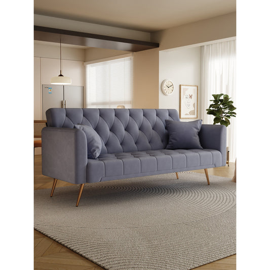 Gray 71 Velvet Convertible 3-seater Sofa Bed with Two Throw Pillows and Metal Legs for Living Room