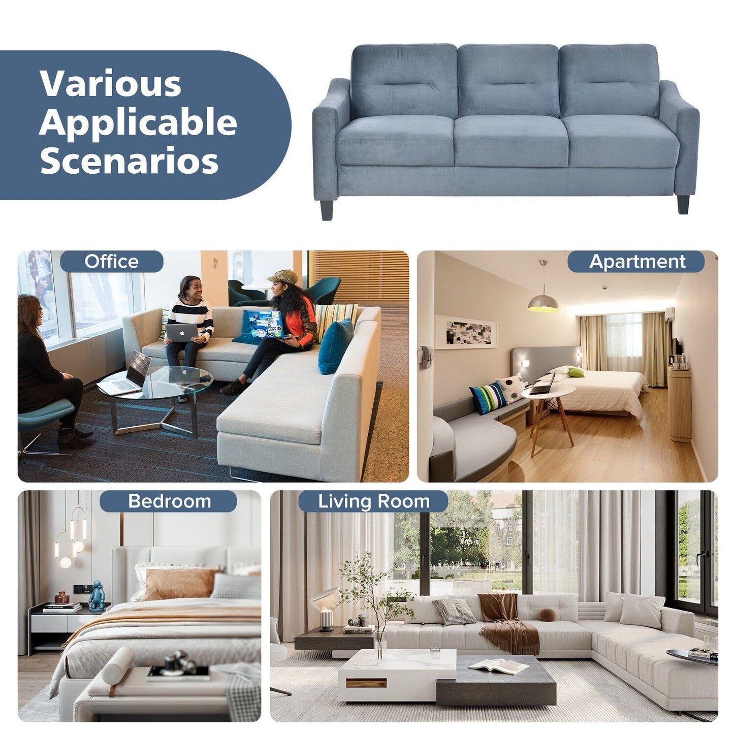 Gray 76.7 Velvet 3-seater Sofa with Sturdy Hardwood Frame and Highly Elastic Foam for Living Room