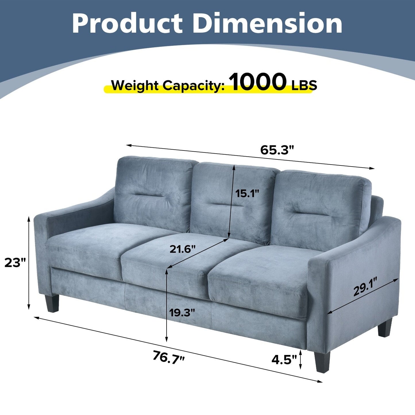 Gray 76.7 Velvet 3-seater Sofa with Sturdy Hardwood Frame and Highly Elastic Foam for Living Room