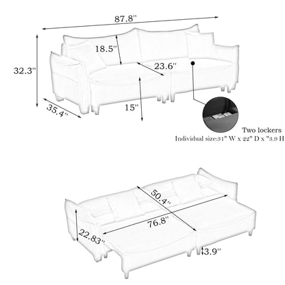 Gray Corduroy 3-seater Sofa Bed with Throw Pillows and Storage