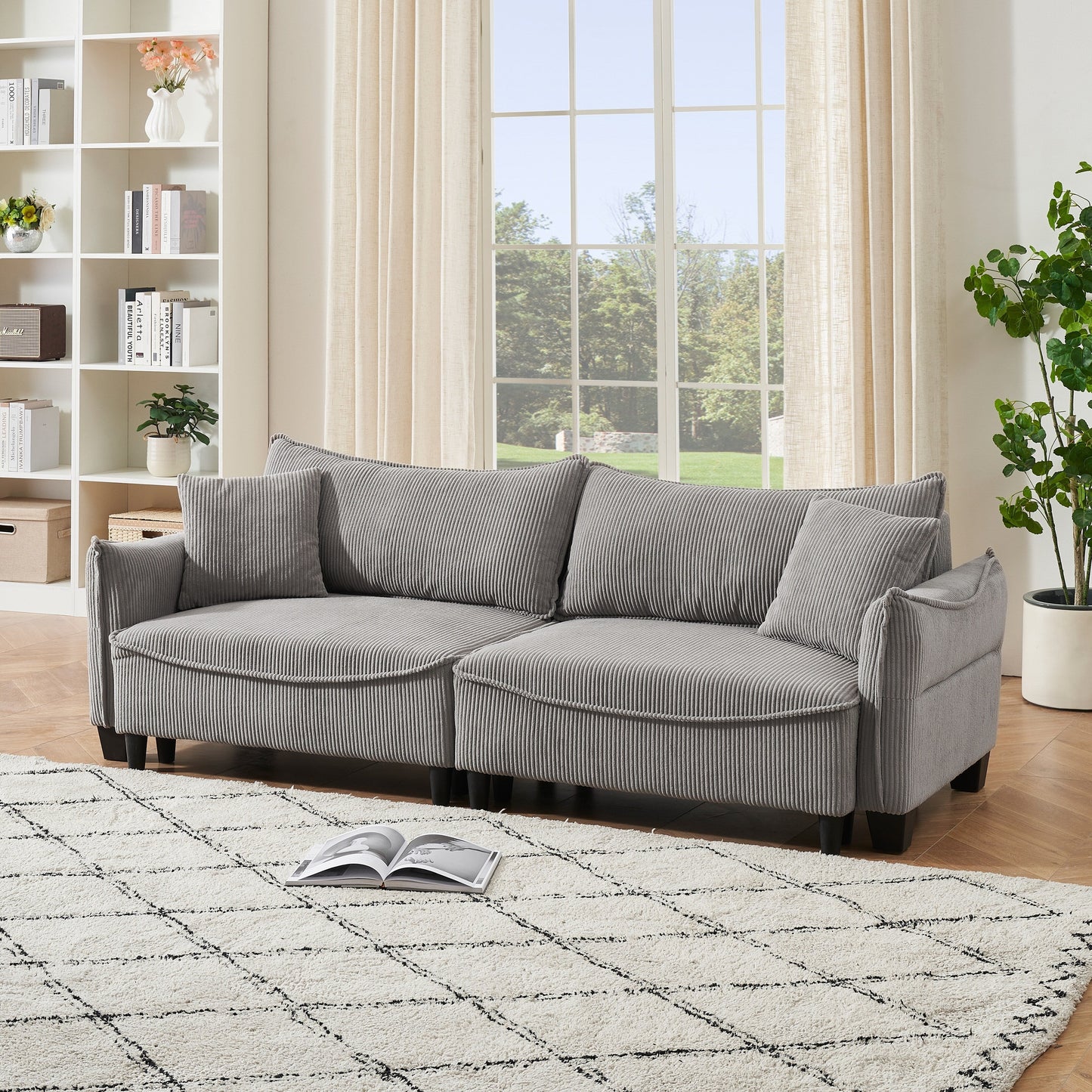 Gray Corduroy 3-seater Sofa Bed with Throw Pillows and Storage