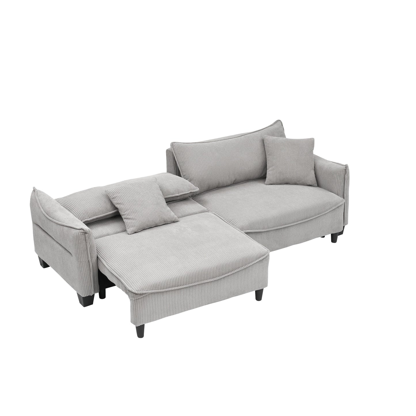 Gray Corduroy 3-seater Sofa Bed with Throw Pillows and Storage