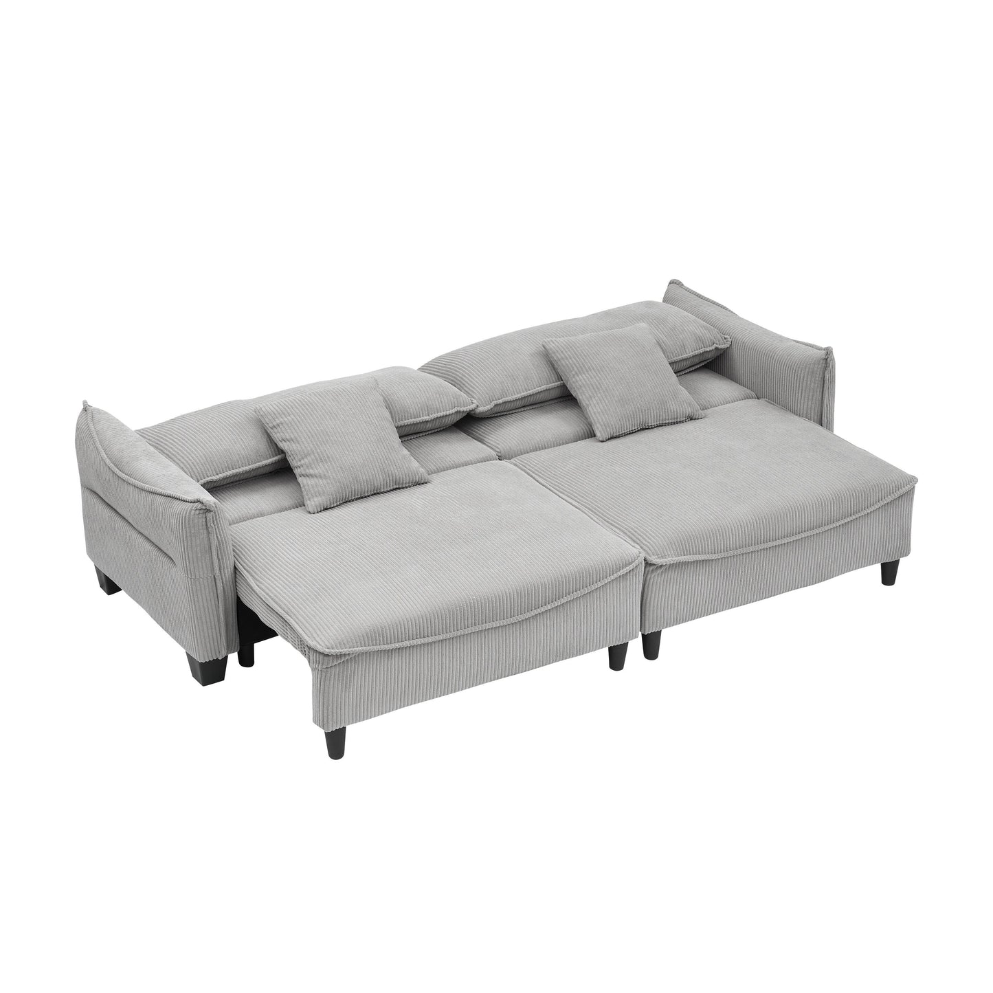 Gray Corduroy 3-seater Sofa Bed with Throw Pillows and Storage