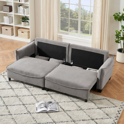 Gray Corduroy 3-seater Sofa Bed with Throw Pillows and Storage