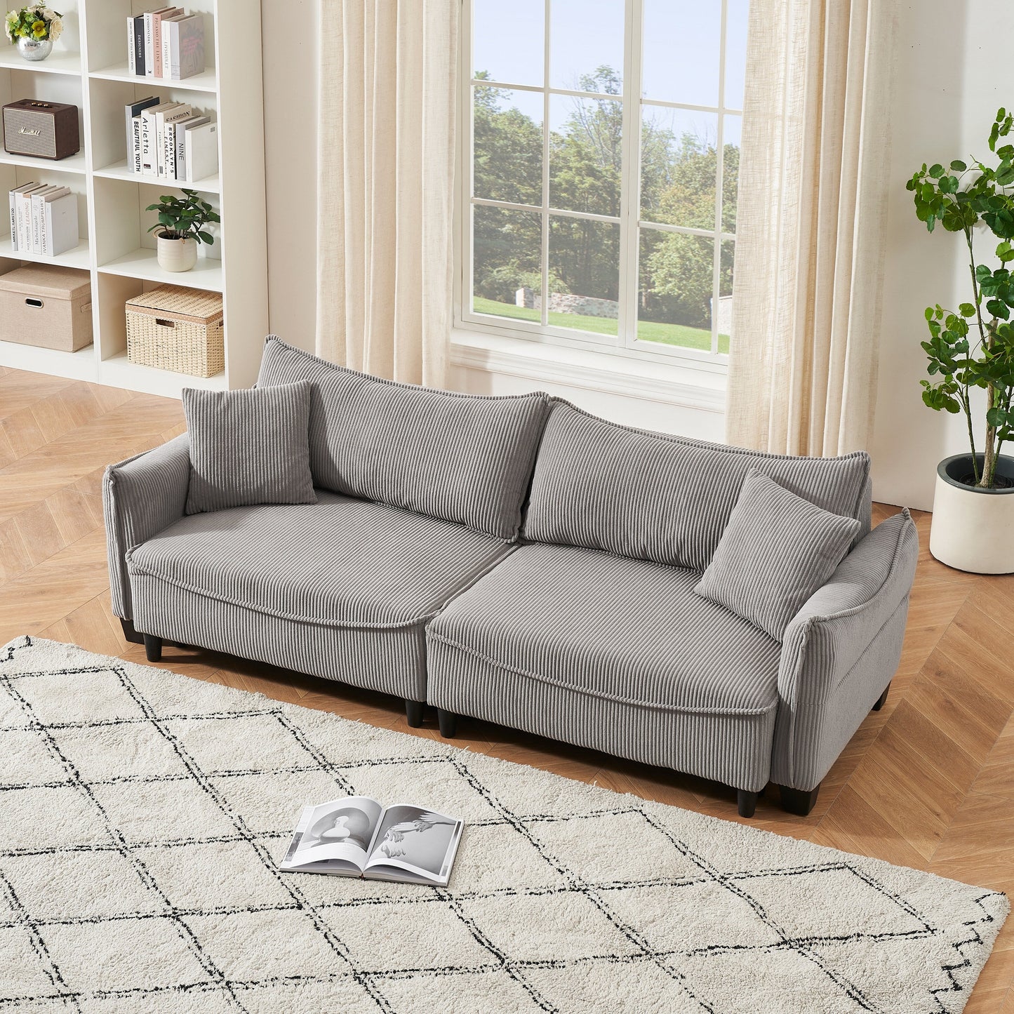 Gray Corduroy 3-seater Sofa Bed with Throw Pillows and Storage