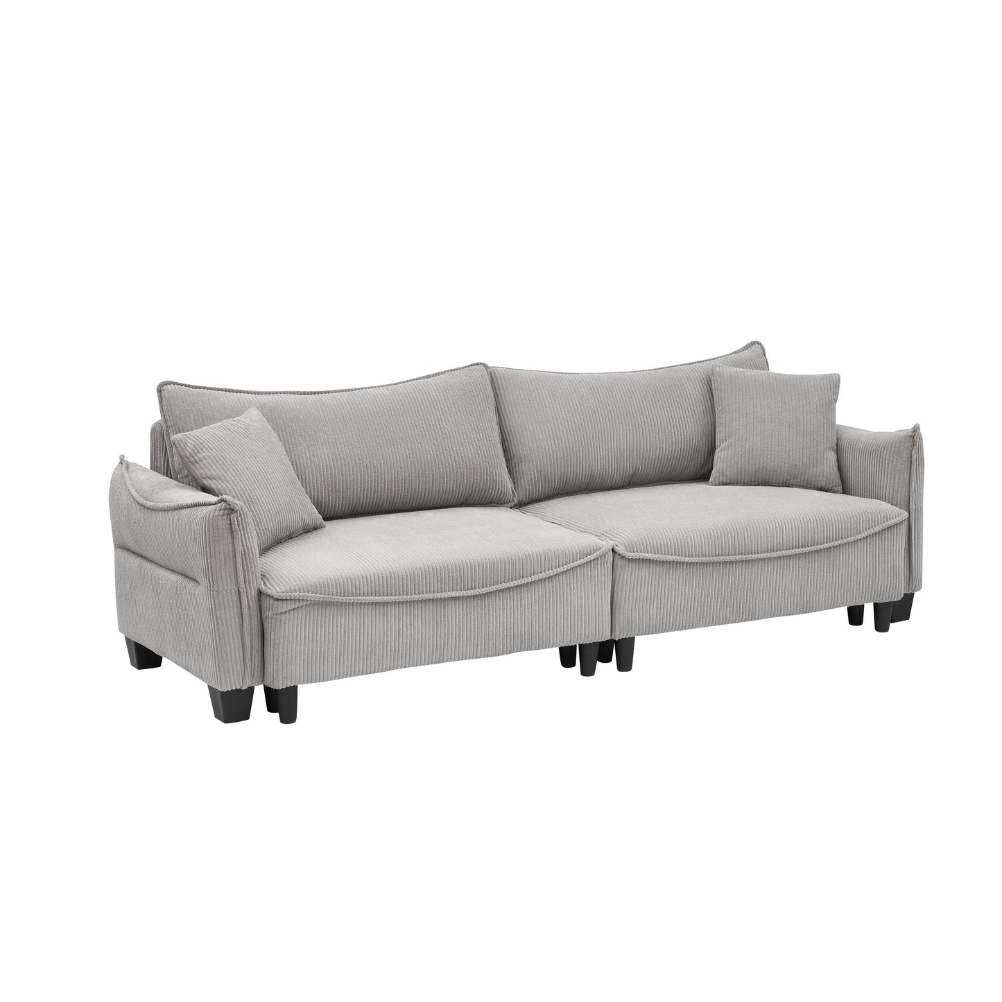 Gray Corduroy 3-seater Sofa Bed with Throw Pillows and Storage