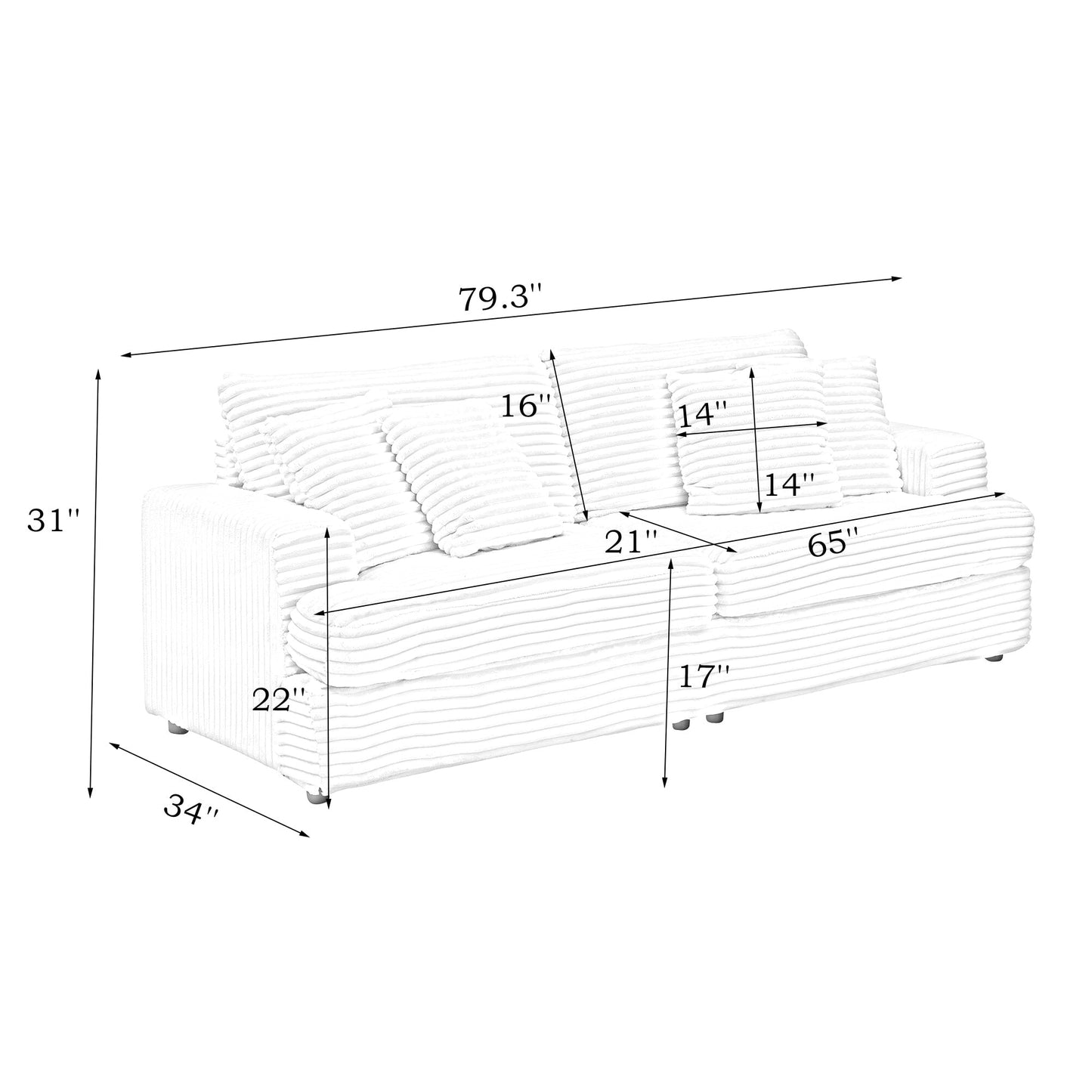 Gray Corduroy 3-seater Sofa with Toss Pillows