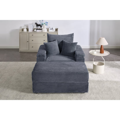 Gray Corduroy Single Sofa with Ottoman and Storage Armrest