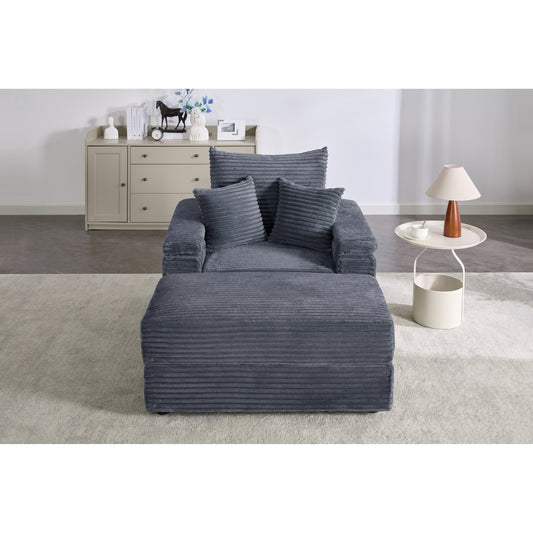 Gray Corduroy Single Sofa with Ottoman and Storage Armrest