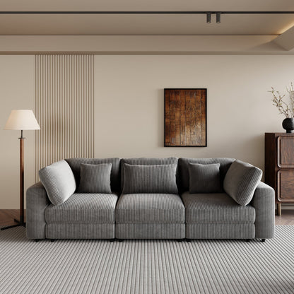Gray Corduroy Upholstered 3-seater Sofa with Removable Cushions