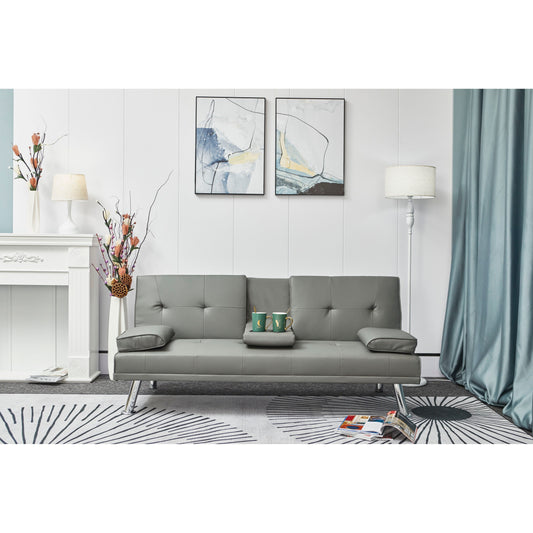 Gray Faux Leather Folding Loveseat Sofa Bed with Metal Legs and Cup Holder