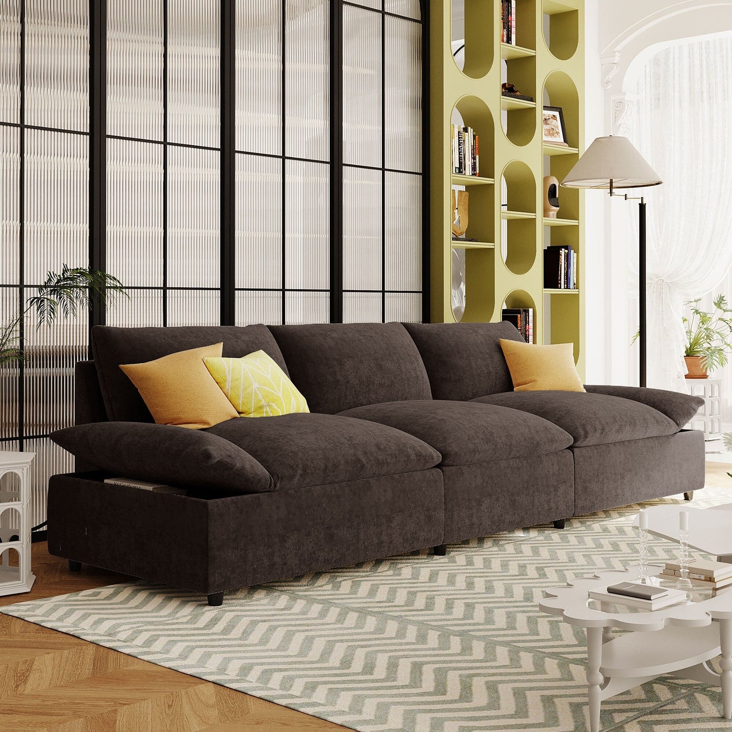 Gray Large Polyester 3-seater Sofa with Storage Units
