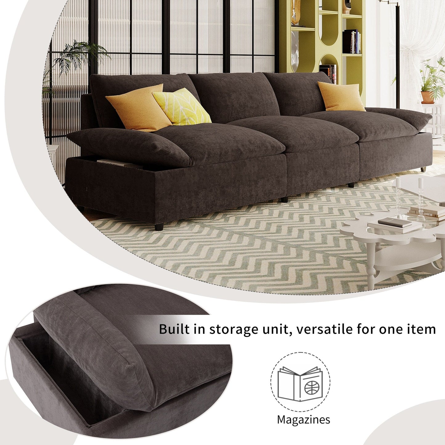 Gray Large Polyester 3-seater Sofa with Storage Units