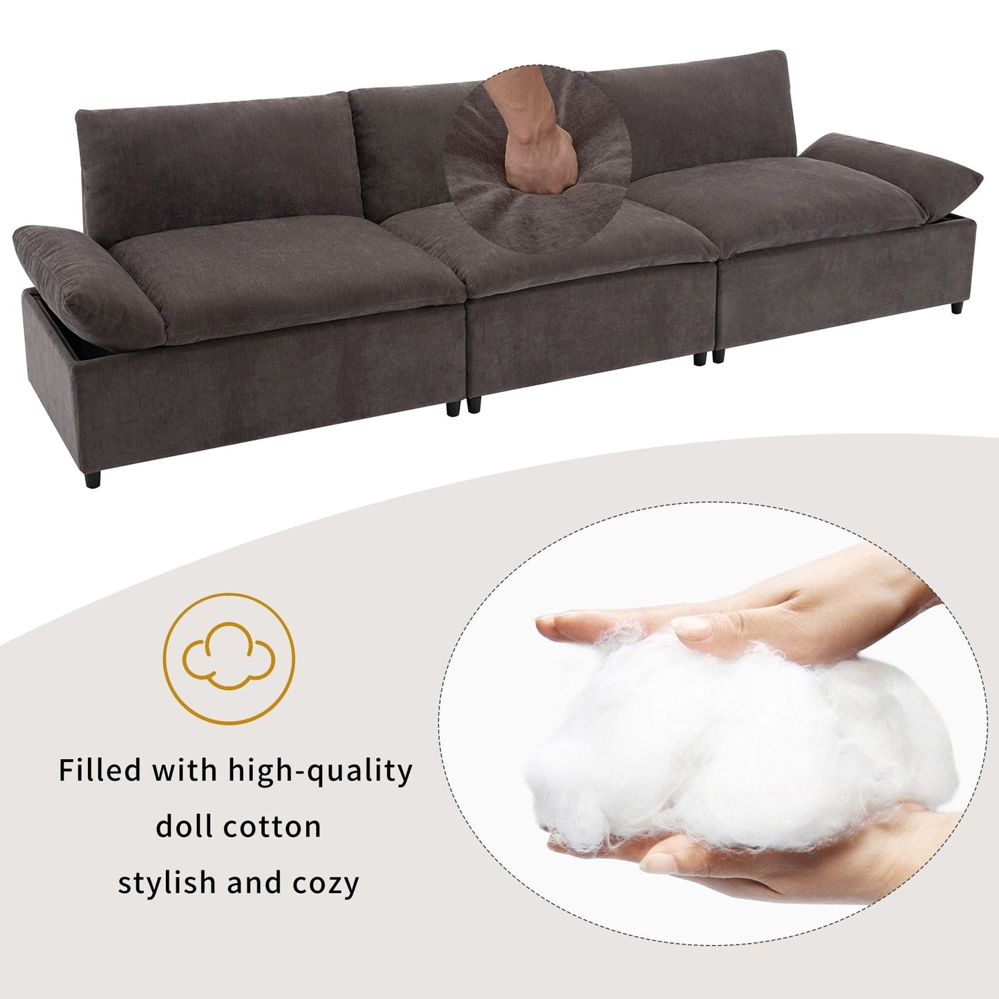 Gray Large Polyester 3-seater Sofa with Storage Units