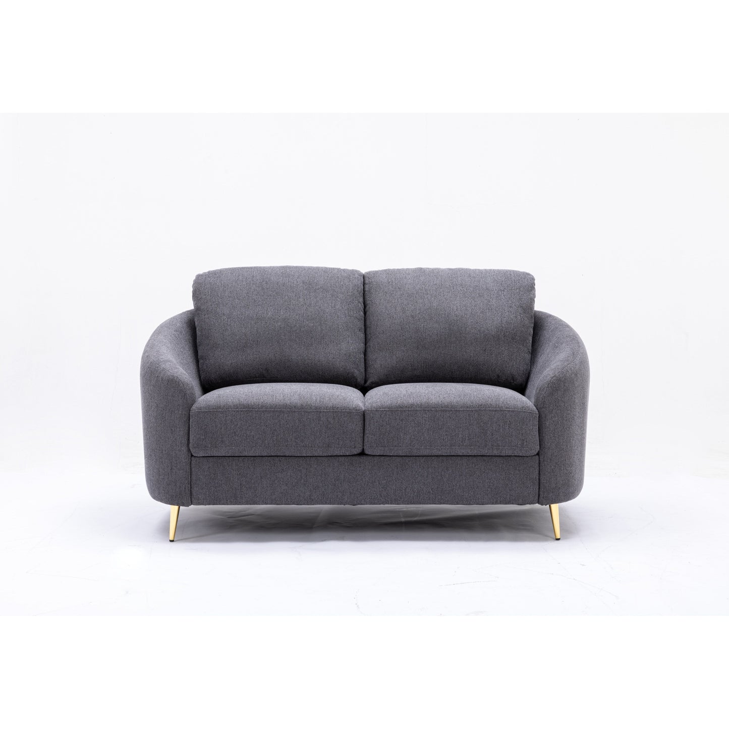 Gray Linen Loveseat Sofa with Gold Metal Legs and Plush Seat Cushions