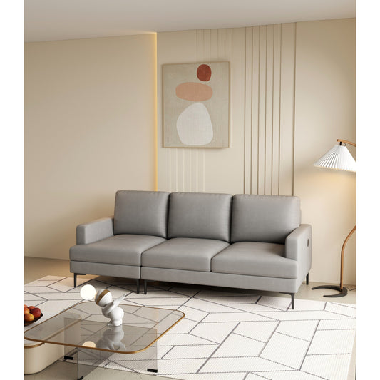 Gray Luxury 77 Genuine Leather 3-seater Sofa with USB Charger for Living Room