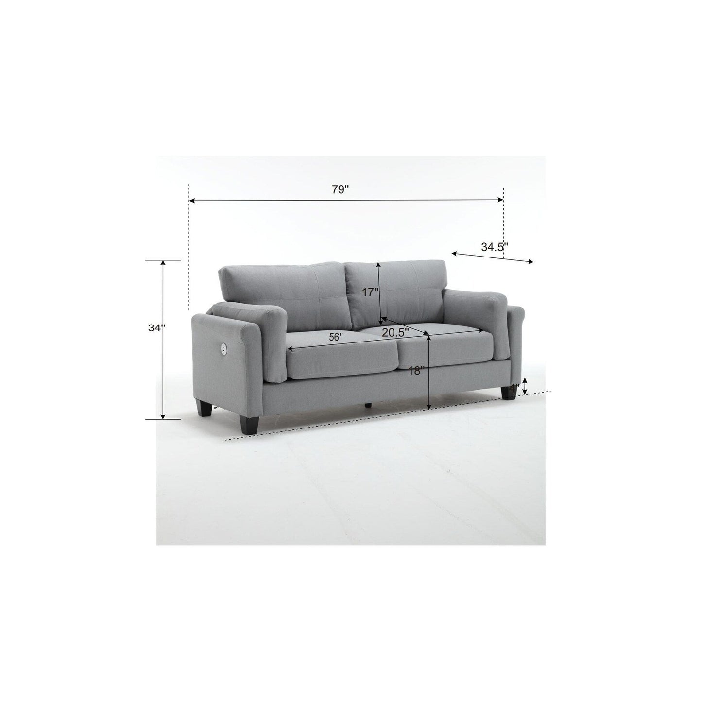 Gray Modern 79 Button Tufted Linen Upholstered 3-seater Sofa with 2 USB Ports and Solid Square Plastic Foot