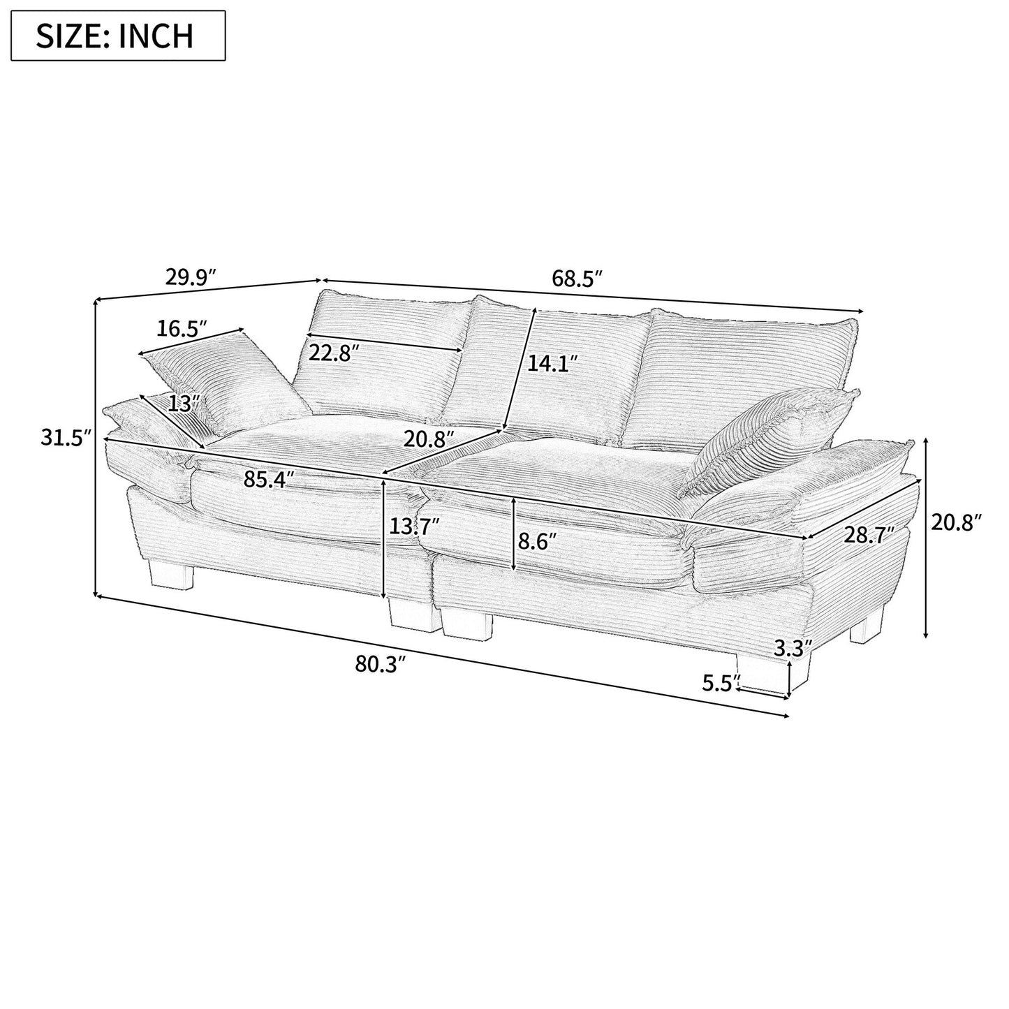 Gray Modern 85.4 Corduroy Upholstered Loveseat Sofa with 2 Decorative Throw Pillows for Living Room