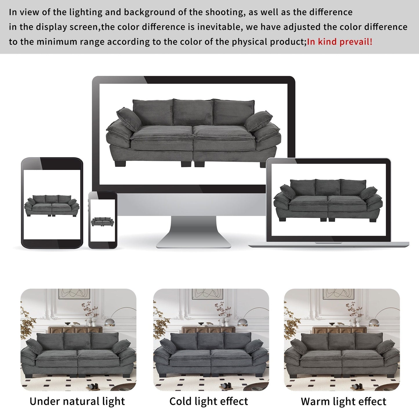 Gray Modern 85.4 Corduroy Upholstered Loveseat Sofa with 2 Decorative Throw Pillows for Living Room