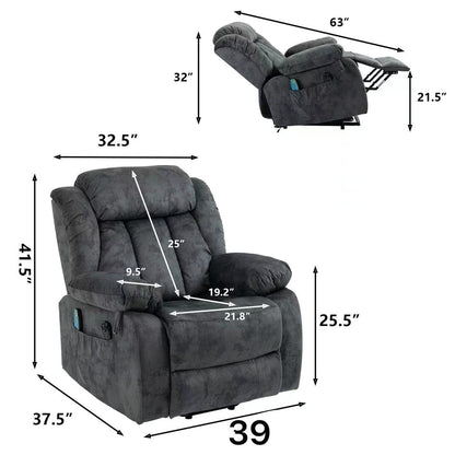 Gray Oversized Velvet Upholstered Power Lift Recliner with Massage, Lumbar Heating, 2 Side Pockets, USB Port
