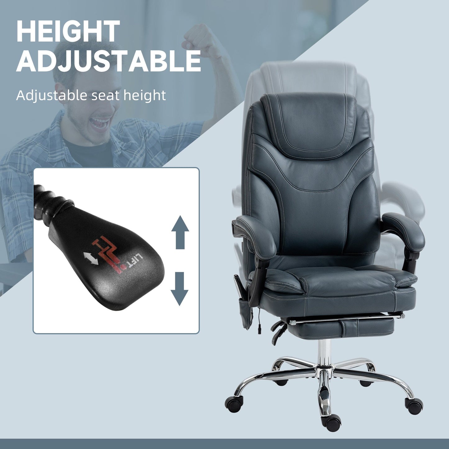 Gray PU Leather 360Â° Swivel Office Recliner with Vibration Massage, Lumbar Heating, Footrest, Adjustable Height